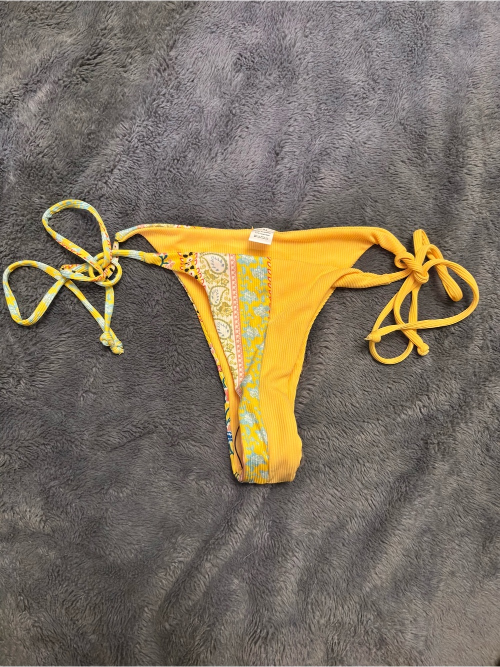 Yellow Ribbed Side-Tie Bikini Bottom with Paisley Accent